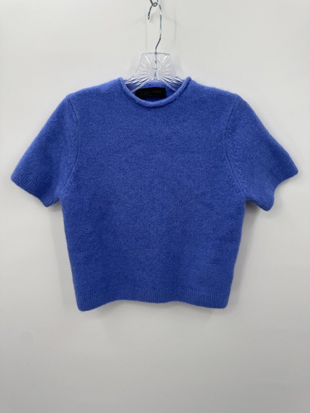 Zara Fuzzy Wool Blend Short Sleeve Sweater Womens Small Periwinkle Blue Crop